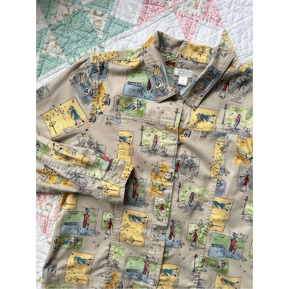Vintage Y2K Allover Print Dog Walk Top Blouse Shirt XL Seasons Cottagecore Soft